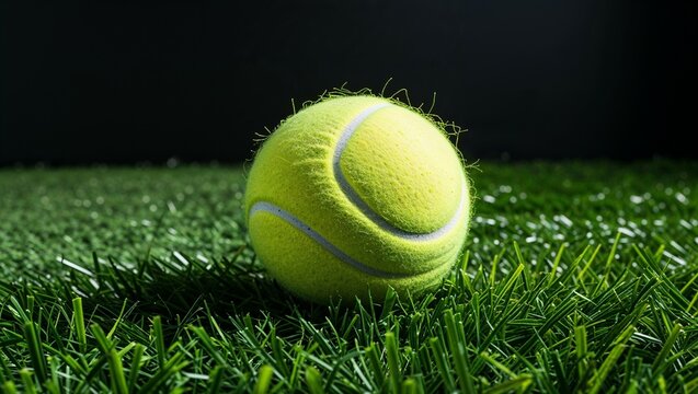 Bright yellow tennis ball rests on vibrant green grass, ready for play