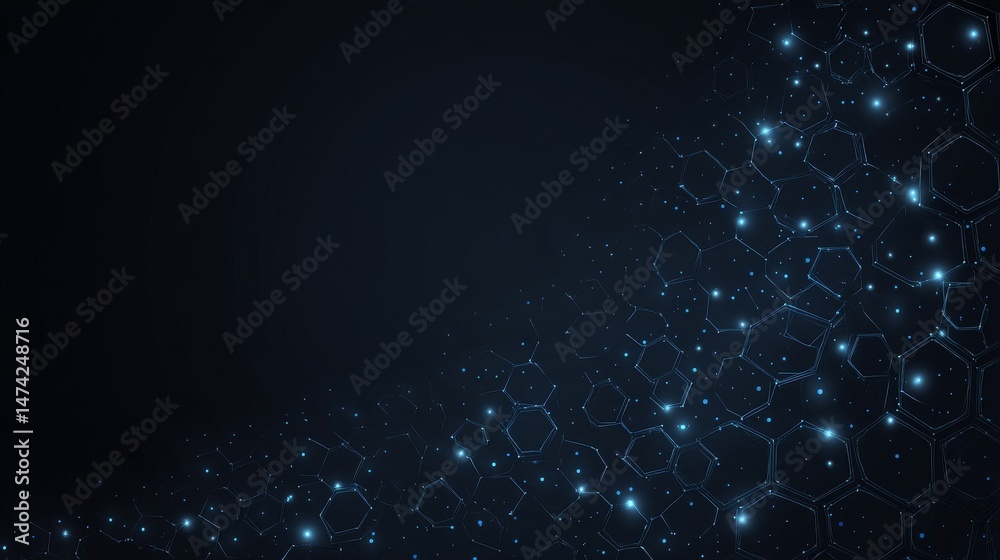 Poster The image features an abstract background with a blue technological hexagonal pattern and copy space