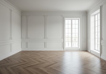 Obraz premium Empty bright room with herringbone wood floor and white walls and windows
