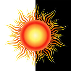 Solar mandala. Positive energy of the sun. Bright vector illustration of sun on black and white background. Isolated round sun design element. Bright flame.