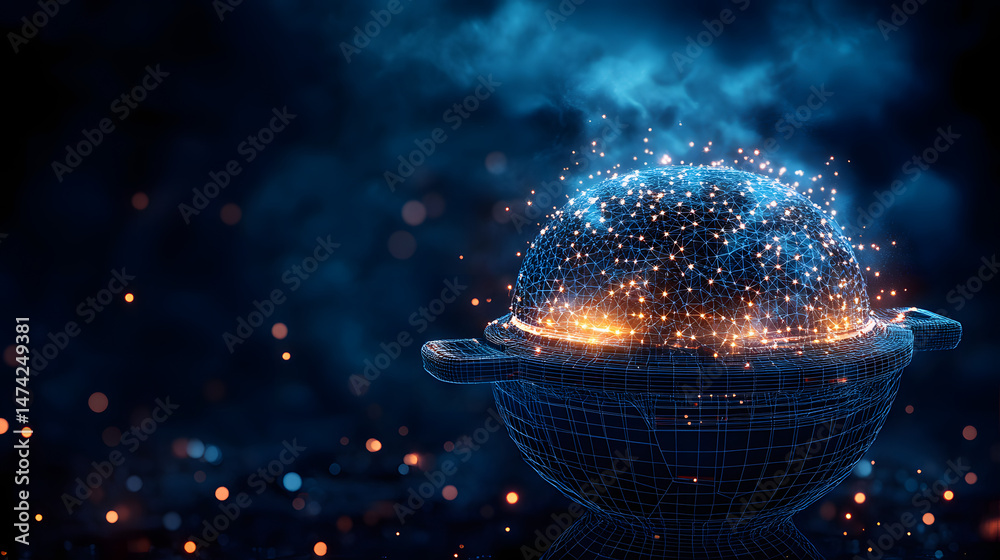 Poster Futuristic wireframe bowl containing a glowing node network against a dark blue background with bokeh lights. A technological and abstract design. Abstract wireframe in dark blue