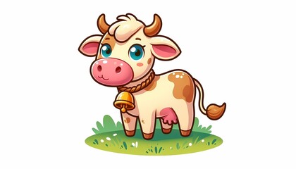 Fototapeta premium Adorable cartoon calf with a bell grazing on vibrant green grass field