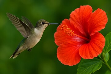 Fototapeta premium Vibrant Hummingbird Hovering by a Red Hibiscus Flower