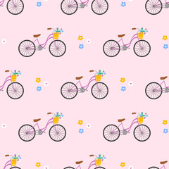 Seamless kawaii pattern with cute bicycles, flower baskets, and blooming spring details. Adorable vector design perfect for summer textiles, children wallpapers, and wrapping paper