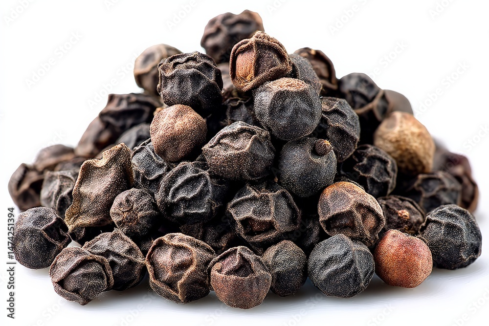 Poster Black peppercorns arranged neatly on a white background showing their texture and color variations in detail