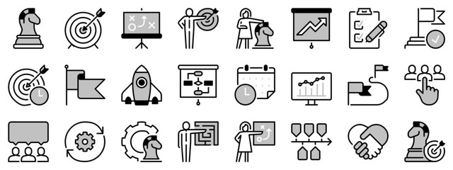 Icons in two tones about action plan