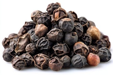 Obraz premium Black peppercorns arranged neatly on a white background showing their texture and color variations in detail