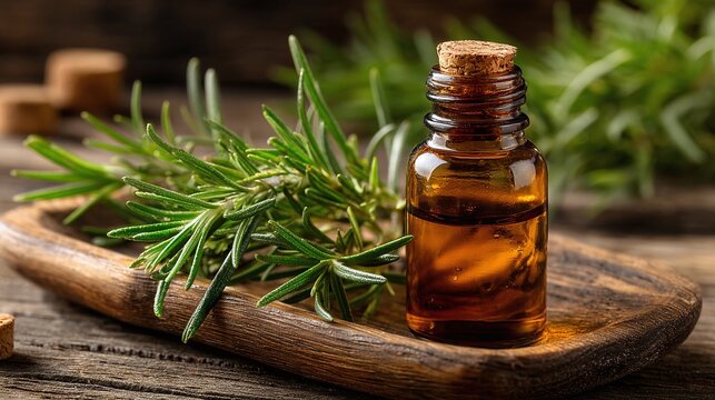 Herbal Elixir: Rosemary and Essence Bottle on Rustic Wood Surface