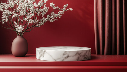 Marble podium for product display on red background