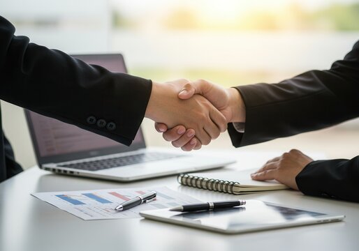 Business people shaking hands over a desk with laptop and documents