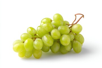 A bunch of ripe green grapes, glistening with freshness, isolated against a pure white background.