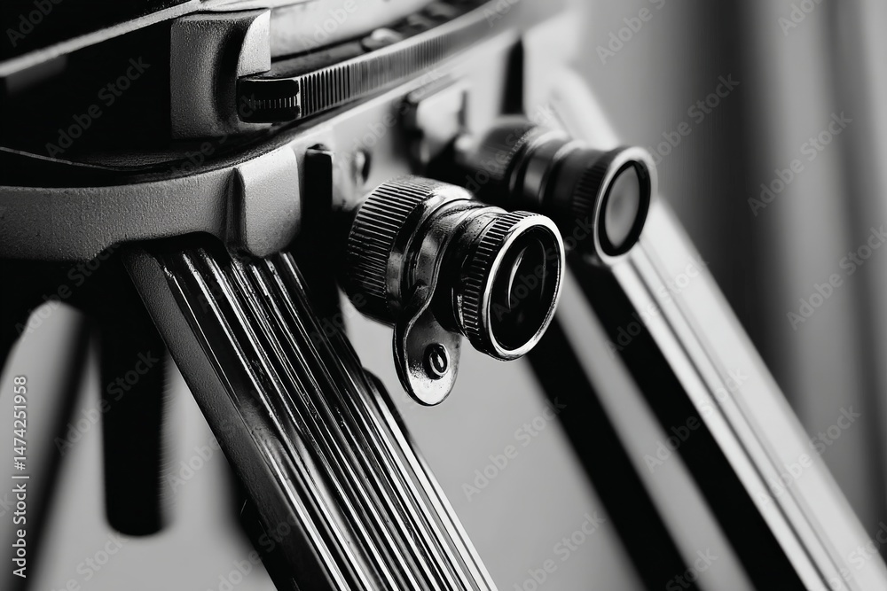 Poster Details of a camera tripod in a studio setting highlighting the precision engineering and design during sunset