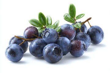 Fototapeta premium Juicy blueberries with fresh green leaves, glistening with water droplets.
