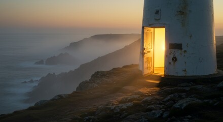 Lighthouse at sunset on cliffside