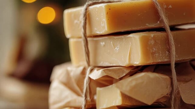 Natural handmade soap bars tied with string