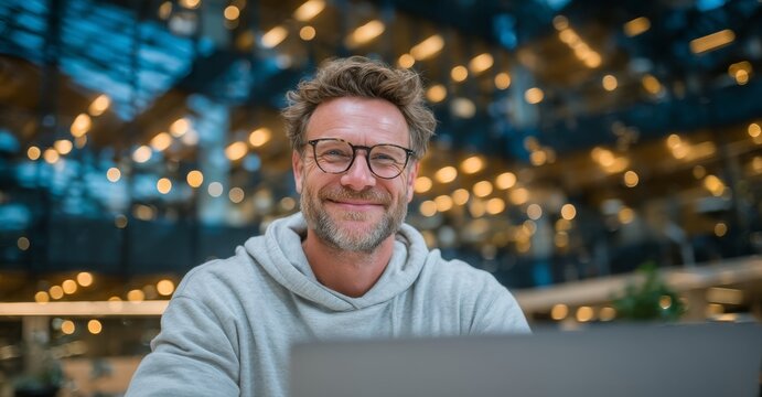 A Mexican social media agency's skilled worker, an entrepreneur with glasses, is featured in a portrait as a cheerful and creative businessman, representing startup opportunity, ambition, and