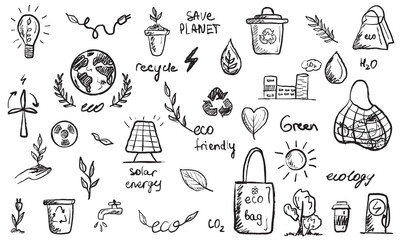 Recycling concept, ecology friendly. Save planet set of icons in black brush stroke texture isolated on white. Hand drawn vector sketch illustration in vintage charcoal ink. Zero waste, solar energy