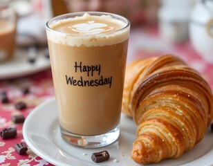 coffee and croissant with Happy Wednesday on the glass