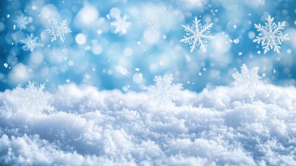 Obraz premium Blue background with snowflakes falling on the white snow ground. Great for winter holiday designs, Christmas or New Year projects.