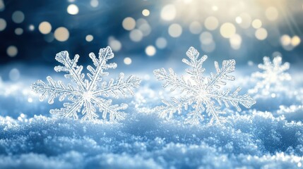 Macro shot of two snowflakes resting on a fresh bed of snow. Great for winter themes, holiday cards, and seasonal promotions.