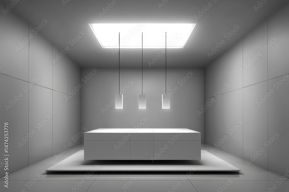 Poster modern minimalist interior design features bright space with floating table and pendant lights