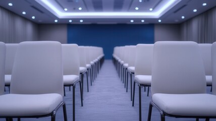 White chairs neatly lined up in minimalist conference space, facing blue wall, awaiting professional gathering or corporate meeting