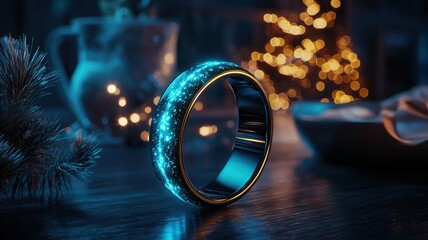 Futuristic smart ring showing glowing blue hologram lying on a wooden table with christmas lights in the background