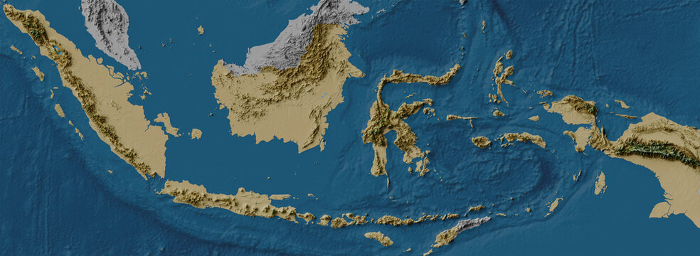 Indonesia map of land and ocean floor terrain with blended colors and satellite imagery