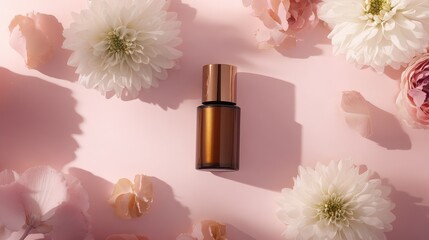 Cosmetic bottle with flowers and greenery on natural aesthetic background. Elegant beauty product.