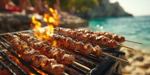 Grilling skewers by the beach during a sunny afternoon cookout with friends and family