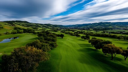 Obraz premium Scenic golf course valley with lush green fairways, trees, and a tranquil pond, framed by rolling hills and a clear sky
