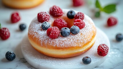 Close Up of Donut Topped with Raspberries and Blueberries