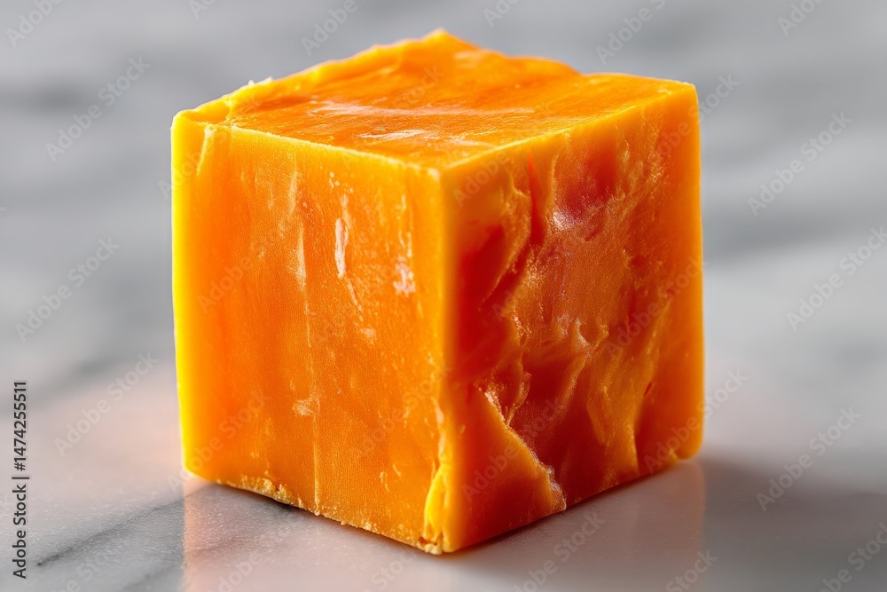 Poster bright orange block of cheese placed on a neutral surface with natural lighting captured in a kitche