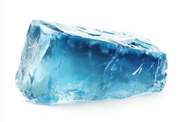 Fototapeta premium Rough blue ice block with frosty surface and natural cracks isolated on white background, cool textured frozen cube