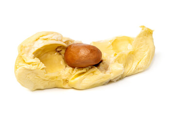 Mon Thong durian pulp with visible seed a popular Thai fruit known for its creamy texture and strong aroma isolated on white background