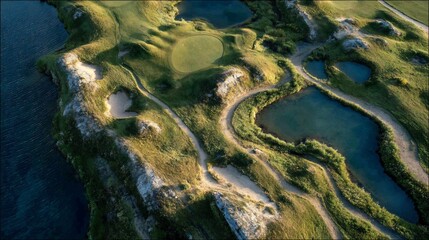Scenic golf course with water hazards and fairways