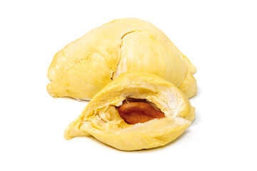 Mon Thong durian pulp with visible seed a popular Thai fruit known for its creamy texture and strong aroma isolated on white background