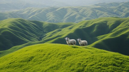 Two sheep stand on a vibrant green hill in a hilly, misty landscape. Ideal for themes of peace, nature, livestock, and rural beauty.