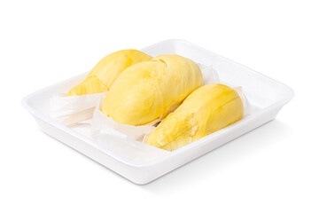 Durian a famous Thai fruit known for its unique aroma and flavor served in foam tray isolated on white background