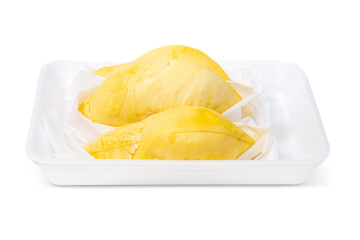 Durian a famous Thai fruit known for its unique aroma and flavor served in foam tray isolated on white background