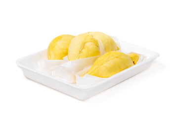 Durian a famous Thai fruit known for its unique aroma and flavor served in foam tray isolated on white background