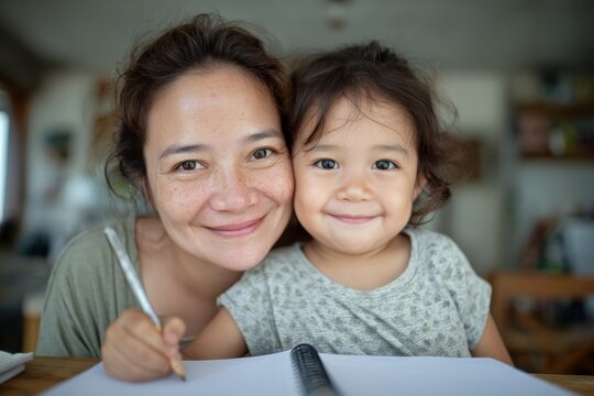 A Mayan family is depicted at home, where the mother, of Hispanic origin, is dedicating time to helping her young daughter with her homework, placing emphasis on literacy skills such as reading and