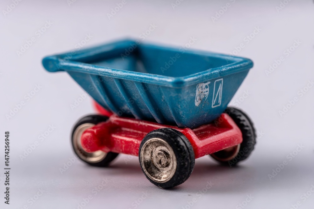 Poster miniature blue and red toy dump truck on a white background viewed from a slight angle