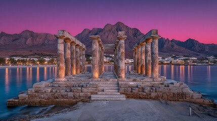Obraz premium Temple of Poseidon Sunset with Greece Ancient Ruins, and Aegean Sea.