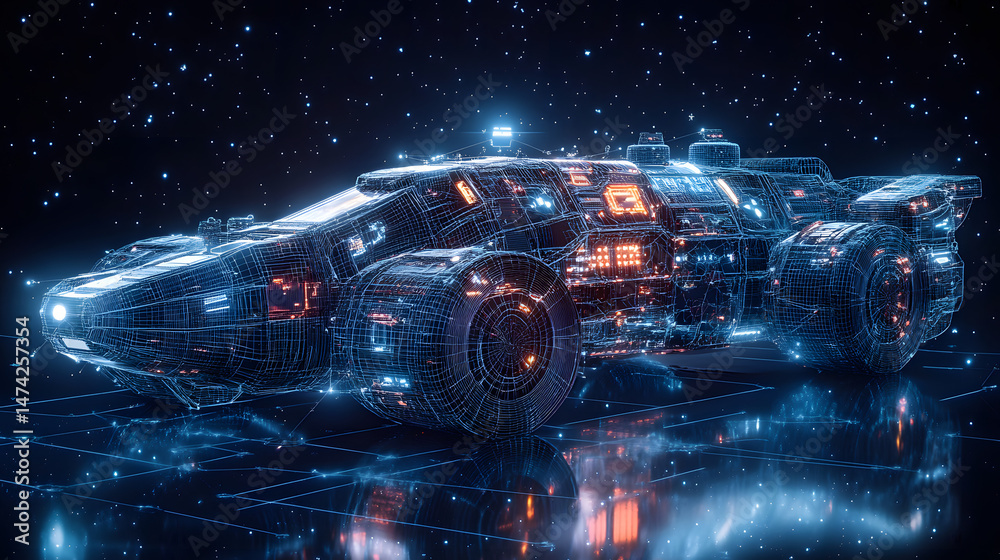 Aufkleber futuristic vehicle amidst a starry expanse. reflective surface enhances the sleek design. ideal for 