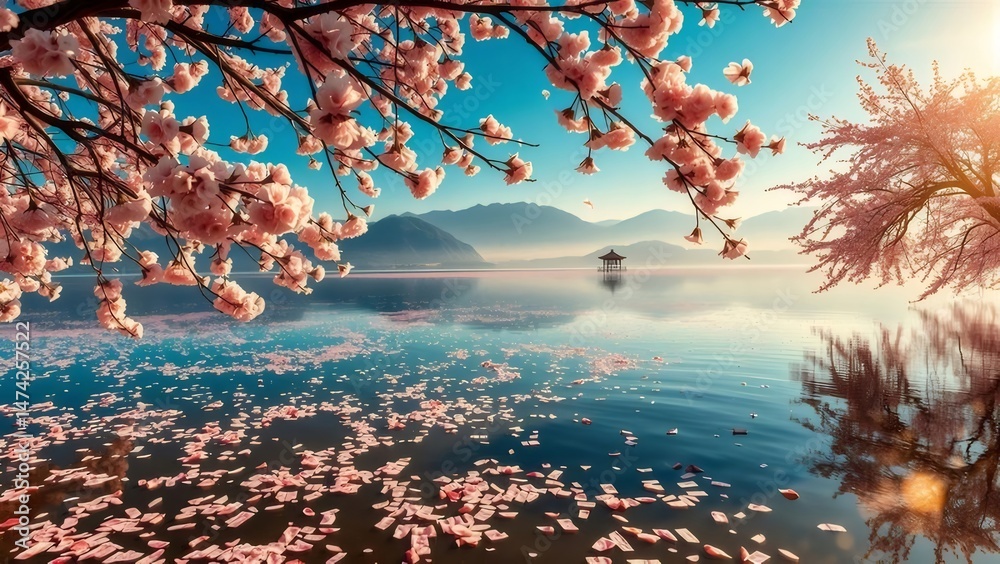 Poster 穏やかな春の湖畔 桜の花が咲き乱れ水面に映る美しい風景 青い空と穏やかな水面が織りなす日本の春景色