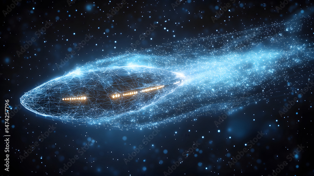 Poster futuristic spaceship streaks through the cosmos, a glowing blue wireframe embodying advanced tech. y