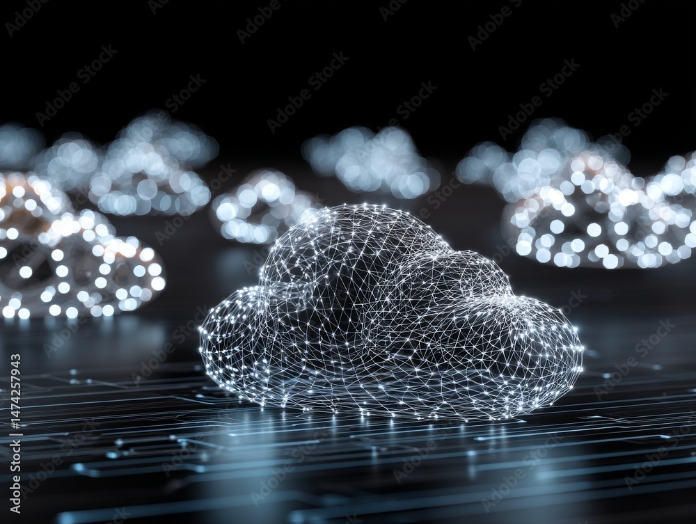 Poster digital cloud icons hovering over a futuristic network represent the integration of cloud computing,