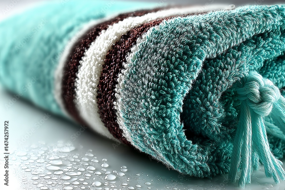 Poster soft turquoise towel rolled neatly on a countertop with droplets of water nearby illuminating a clea