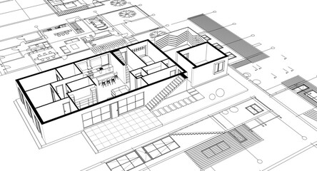 architecture concept sketch housing 3d illustration